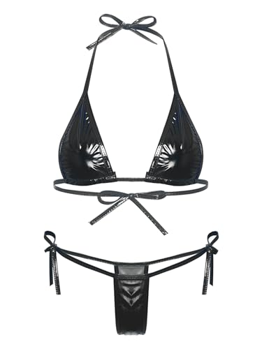 Doomiva Damen Micro Bikini Set Bra Bralette String-Tanga Set Bikini Dreipunkt-Bikini Badeanzug Transparent Spitze/Meatllic Reizwäsche Zb Schwarz Einheitsgröße von Doomiva