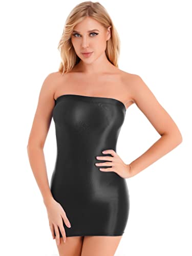 Doomiva Damen Minikleid Öl Kleider Bandeau Bleistiftkleid Bodycon Kleid Glänzende Kleider Stretch Eng Partykleid Kurz Schwarz L von Doomiva