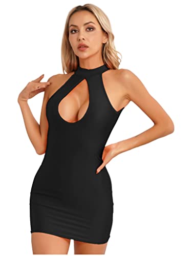 Doomiva Damen Nachthemd Neckholder Negligee Cut Out Unterkleid Dessous Set mit G-String Glossy Schlafenanzug Nachtwäsche Schwarz Einheitsgröße von Doomiva