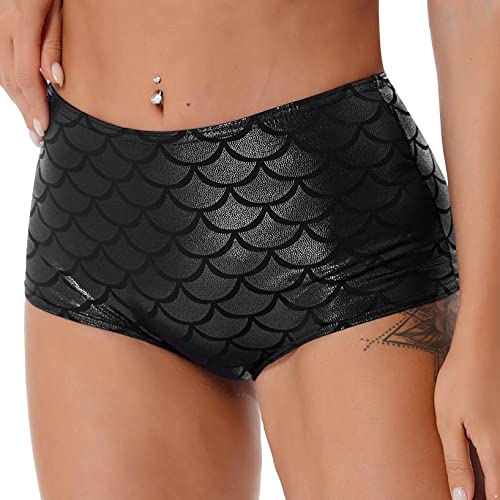 Doomiva Damen Shorts Sommer Kurz Hose Fischschuppen Hotpant Metallic Fischschuppen Strand Shorts Meerjungfrau Köstum Gogo Clubwear Schwarz Einheitsgröße von Doomiva