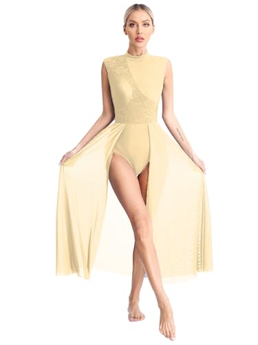 Doomiva Damen Tanzanzug Lang Tanzkleid Patchwork Lyrical Kleid Rückenfreiz Tanzkostüm Ballett Trikotanzug Tanzbekleidung Sekt S von Doomiva