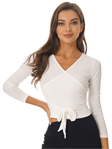 Doomiva Damen Tanzjacke Langarm Wickeltop Ballettjacke Bolero Wrap Top Gymnastik Shirts Freizeit Crop Top Elfenbein M von Doomiva