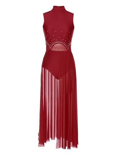 Doomiva Damen Tanzkleid Ärmellos Tanzanzug Mesh Ballettkleid Glitzer Ballett Trikotanzug mit Asymmetrisch Rock Latein Kleid Tanzkleidung Xa Burgundy M von Doomiva