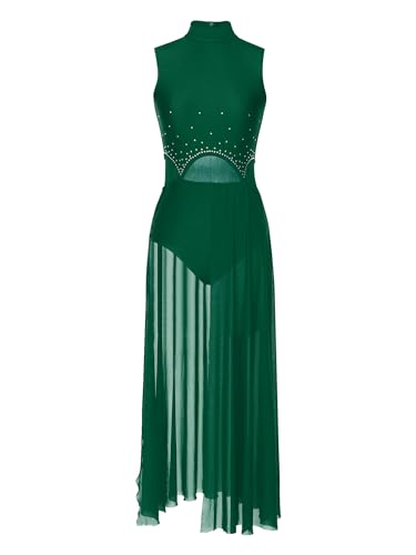 Doomiva Damen Tanzkleid Ärmellose Tanzanzug Lyrischen Kleid Tanz Trikotanzug Asymmetrisch Rock Latein Kleid Mit Strass Xa Grün M von Doomiva