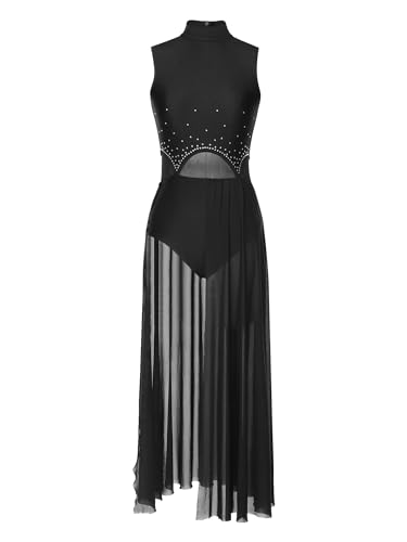 Doomiva Damen Tanzkleid Ärmellose Tanzanzug Lyrischen Kleid Tanz Trikotanzug Asymmetrisch Rock Latein Kleid Mit Strass Xa Schwarz XL von Doomiva