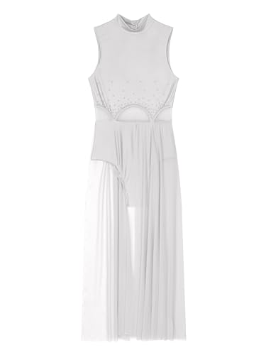 Doomiva Damen Tanzkleid Ärmellose Tanzanzug Lyrischen Kleid Tanz Trikotanzug Asymmetrisch Rock Latein Kleid Mit Strass Xa Weiß M von Doomiva