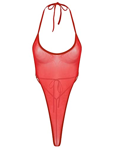 Doomiva Damen Transparent Badeanzug Monokini Einteiler Bademode Mesh Swimsuit Frauen High Cut Stringbody Dessous Nachtwäsche Rot Einheitsgröße von Doomiva
