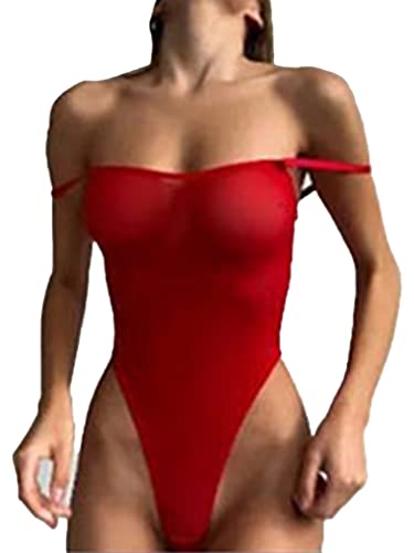 Doomiva Damen Transparent Body Mesh Bodysuit Einteiler High Cut Stringbody Ärmellose Unterhemd Spaghettiträger Nachthemd Reizwäsche Y Rot S von Doomiva