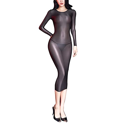 Doomiva Damen Transparent Kleid Bodycon Minikleid Glossy Langarmkleid Kurz Nachtkleid Bodystocking Nachtkleid Erotik Babydoll Negligee Y Schwarz Einheitsgröße von Doomiva