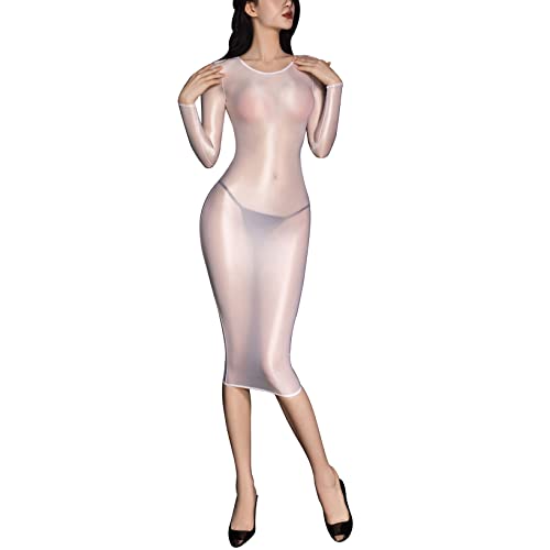 Doomiva Damen Transparent Kleid Bodycon Minikleid Glossy Langarmkleid Kurz Nachtkleid Bodystocking Nachtkleid Erotik Babydoll Negligee Y Weiß Einheitsgröße von Doomiva