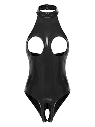 Doomiva Damen Wetlook Body Leder Catsuit Bodysuit Sexy Lackleder Stringbody Brustfrei Reizwäsche Latex Body Dessous Ouvert Reizwäsche C Schwarz L von Doomiva