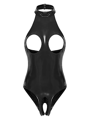 Doomiva Damen Wetlook Body Leder Catsuit Bodysuit Sexy Lackleder Stringbody Brustfrei Reizwäsche Latex Body Dessous Ouvert Reizwäsche C Schwarz M von Doomiva