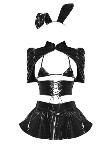 Doomiva Damen Wetlook Dessous Set mit Haarband Lackleder Crop Top Bauchfrei Shirts Bodycon Minirock Nachtwäsche Schwarz A M von Doomiva