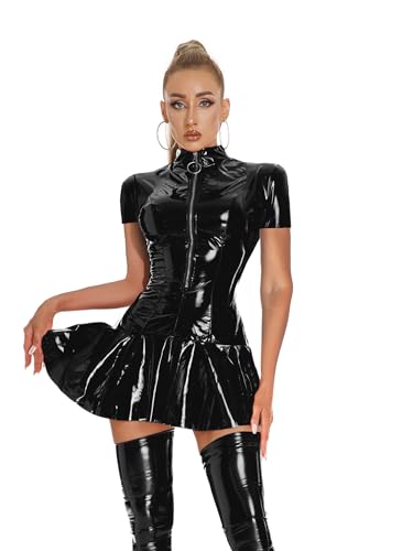 Doomiva Damen Wetlook Kleid Lackleder Kleid Sexy Partykleid Leder Optik Minikleid A Linie Kleider Gläzende Kleid Plisseekleid Xc Schwarz XXL von Doomiva