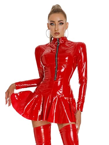 Doomiva Damen Wetlook Minikleid Lackleder Plisseekleid Langarm Kleid A Linie Kleider Gläzende Clubkleid Gogo Party Rot L von Doomiva