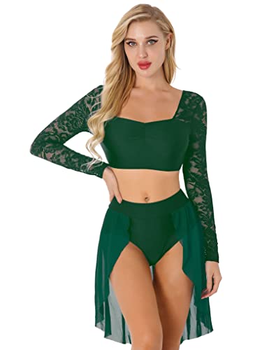 Doomiva Damen Zweiteiler Tanzkleidung Erwachsene Ballett Outfit Langarmshirts Bauchfrei Crop Top und Tanzrock mit Slip Bühnenkostüm Grün XL von Doomiva