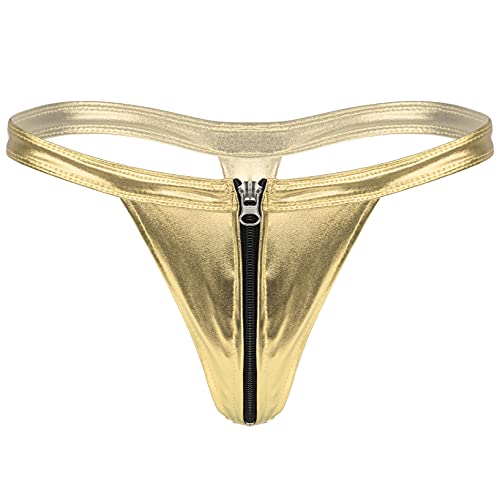 Doomiva Herren G-String Tanga Glänzend Thong Männer Niedrige Taille Metallic Slip mit Reißverschluss Thong Erotik Unterwäsche Unterhose Gold Einheitsgröße von Doomiva