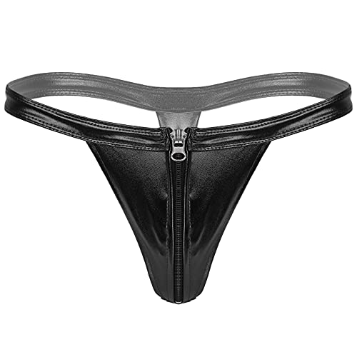 Doomiva Herren G-String Tanga Glänzend Thong Männer Niedrige Taille Metallic Slip mit Reißverschluss Thong Erotik Unterwäsche Unterhose Schwarz Einheitsgröße von Doomiva