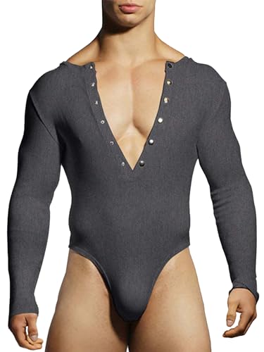 Doomiva Herren Langarm Body Eng Strech Bodysuit High Cut Stringbody Einfarbig Tanzbody Unterhemd Mann Top Schwarz Oberteile Grau XL von Doomiva