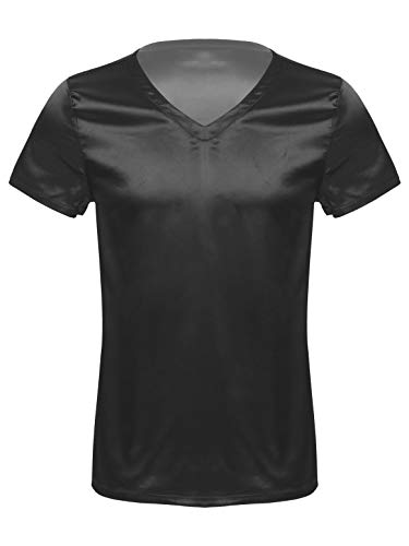 Doomiva Herren Satin Schlafanzugoberteile Kurzarm V-Ausschnitt Unterhemd Pyjamashrt Schlafshirt Männer Tank Top Schlafanzuge M-XXL Schwarz XL von Doomiva