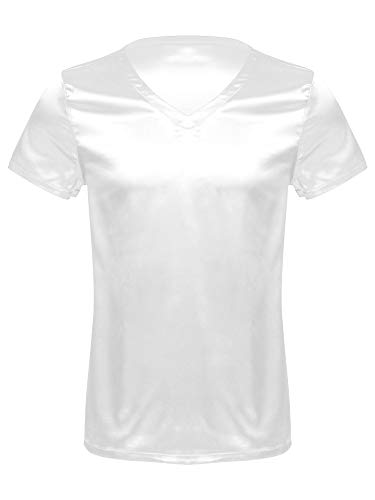 Doomiva Herren Satin Schlafanzugoberteile Kurzarm V-Ausschnitt Unterhemd Pyjamashrt Schlafshirt Männer Tank Top Schlafanzuge M-XXL Weiß L von Doomiva