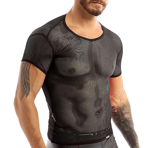Doomiva Herren Transparent T-Shirt Netzhemd Unterhemd Männer Unterwäsche Netz Hemd Tank Top Sommer Shirts Schwarz 3XL von Doomiva