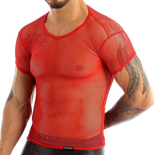 Doomiva Herren Transparent T-Shirt Netzhemd Unterhemd Männer Unterwäsche Netz Hemd Tank Top Sommer Shirts Rot L von Doomiva