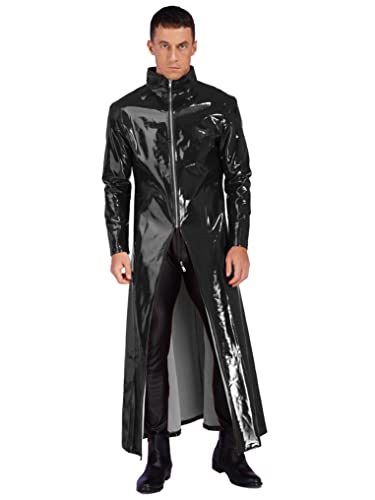 Doomiva Herren Wetlook Mantel Cooler Matrix Kostüm Lackleder Jacke Stehkragen Trenchcoat Glänzende Umhang mit Reißverschluss Schwarz L von Doomiva