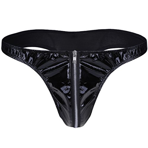 Doomiva Herren Wetlook Slip Tanga Unterwäsche Lack Leder String Männer Schwarz Erotisch Unteräwsche Shorts mit Reißverschluss Unterhose Schwarz XL von Doomiva