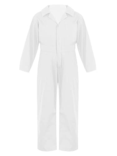 Doomiva Kinder Langarm Overall Jungen Karneval Faschingskotüm Arbeitsoverall Jumpsuit Kuschelig Jogger Trainingsanzug Einteiler Body Langarm Arbeitskombi Weiß 122-128 von Doomiva