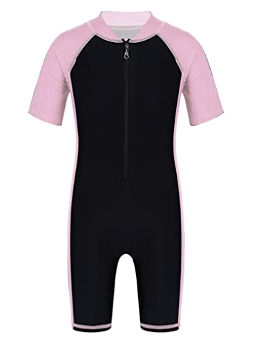 Doomiva Unisex Mädchen Jungen Badeanzug Einteiler Bademode UV-Schutz Schwimmanzug Kurzarm Badebekleidung Kinder Wassersport Anzug Rosa&Schwarz 128-140 von Doomiva