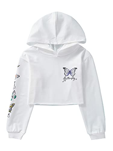 Doomiva Kinder Mädchen Kapuzenpullover Pullover Casual Hoodies Schmetterlingsmuster Sweatshirt Bauchfrei Oberteile Gr.98-176 A Weiß 134-140 von Doomiva