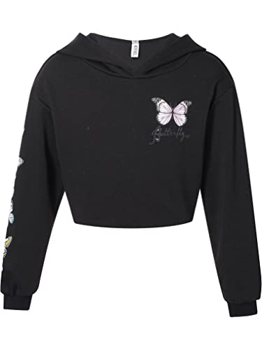 Doomiva Kinder Mädchen Kapuzenpullover Pullover Casual Hoodies Schmetterlingsmuster Sweatshirt Bauchfrei Oberteile Gr.98-176 Schwarz 134-140 von Doomiva