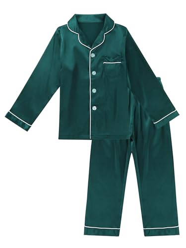 Doomiva Kinder Schlafanzug Unisex Zweiteiliger Schlafanzug Jungen Mädchen Satin Pyjama mit Knopfleiste Nachtwäsche Set Sommer S Dunkelgrün 134-140 von Doomiva