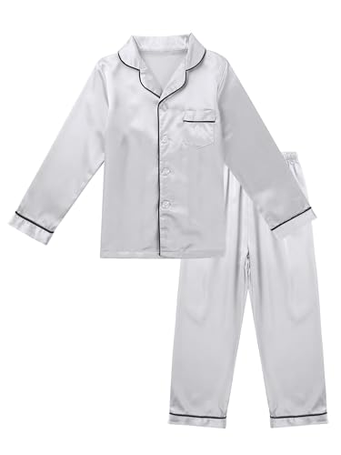 Doomiva Kinder Schlafanzug Unisex Zweiteiliger Schlafanzug Jungen Mädchen Satin Pyjama mit Knopfleiste Nachtwäsche Set Sommer S Silber 122-128 von Doomiva