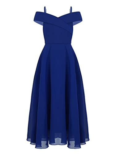 Doomiva Mädche Chiffon Festkleid Ärmellose Maxikleid Hochzeit Blumenmädchenkleid Abendkleid Festzug Trägerkleid Sommerkleid Royal Blau 146-152 von Doomiva