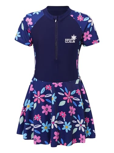 Doomiva Mädchen Badeanzug mit Rock Hawaii Badekleid Kinder Kurzarm Strandkleid Wassersport Badekleidung Set X Marineblau Einteiler 128-134 von Doomiva