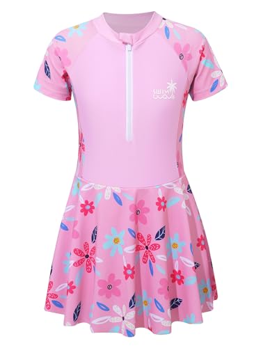 Doomiva Mädchen Badeanzug mit Rock Hawaii Badekleid Kinder Kurzarm Strandkleid Wassersport Badekleidung Set X Rosa Einteiler 122-128 von Doomiva