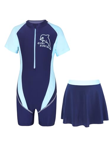 Doomiva Mädchen Badeanzug mit Rock Hawaii Badekleid Kinder Kurzarm Strandkleid Wassersport Badekleidung Set Marineblau A 152-164 von Doomiva