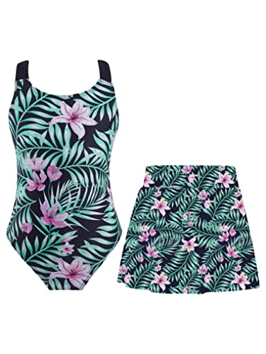 Doomiva Mädchen Badeanzug Hawaii Bademode Ärmellose Bikini Einteiler Schwimmanzug mit Rock Strandanzug Rückenfrei Strandkleidung Set Grün 170-176 von Doomiva
