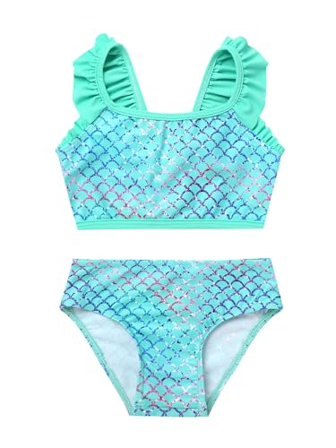 Doomiva Mädchen Bikini Set Meerjungfrau Bikini Tankini Zweiteiler Badeanzug Fischschuppenoberteil mit Rüschen Bikinihosen Grün 146-152 von Doomiva