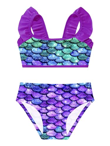 Doomiva Mädchen Bikini Set Meerjungfrau Bikini Tankini Zweiteiler Badeanzug Fischschuppenoberteil mit Rüschen Bikinihosen Violett 110-116 von Doomiva