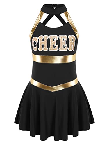 Doomiva Mädchen Cheer Leader Kostüm Cheerleading Tanzkleid Schulmädchen Uniform Schulkind Cheer Kostüm Ärmellose Minikleid Schwarz 122-128 von Doomiva