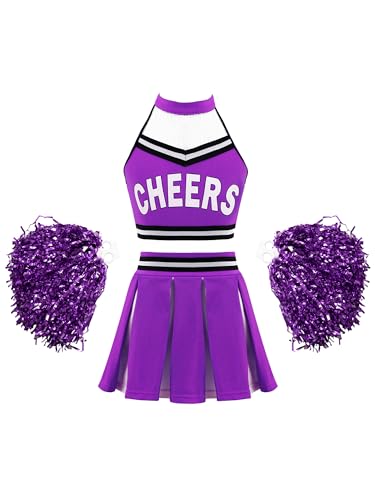 Doomiva Mädchen Cheer Leader Kostüm set Tanzbekleidung Set Crop Top und Minirock Tanzanzug Festlich Tanzkostüm Wa Violett mit Poms 134-140 von Doomiva