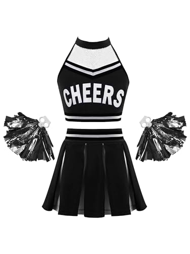 Doomiva Mädchen Cheer Leader Kostüm set Tanzbekleidung Set Crop Top und Minirock Tanzanzug Festlich Tanzkostüm Wb Schwarz mit Poms 134-140 von Doomiva