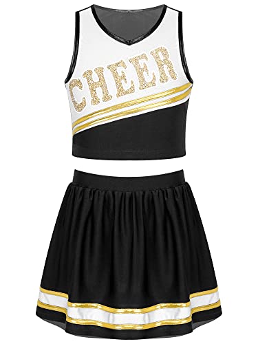 Doomiva Mädchen Cheer Leader Kostüm Set mit Pom, Handblumen, Socken Cheerleading Uniform Ärmellose Tanztop und Minirock Tanzkostüm Set X Schwarz 134-140 von Doomiva