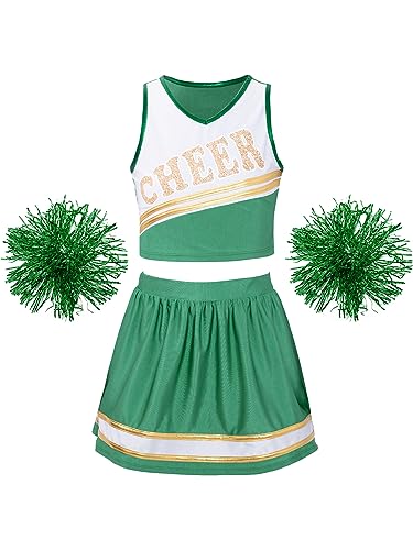 Doomiva Mädchen Cheer Leader Kostüm Set mit Pom, Handblumen, Socken Cheerleading Uniform Ärmellose Tanztop und Minirock Tanzkostüm Set Xb Grün 170-176 von Doomiva