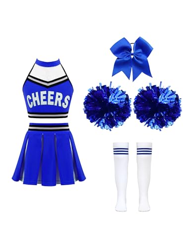 Doomiva 4PCS Cheer Leader Kostüm Set Mädchen Tanzkleid Festlich Tanzkostüm Kanreval Faschingskostüm mit Socken Kopfbedeckung Und Pompons Blau 122-128 von Doomiva