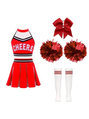 Doomiva 4PCS Cheer Leader Kostüm Set Mädchen Tanzkleid Festlich Tanzkostüm Kanreval Faschingskostüm mit Socken Kopfbedeckung Und Pompons Rot 122-128 von Doomiva