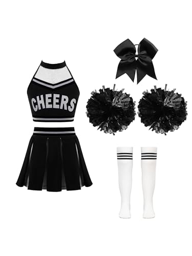 Doomiva Mädchen Cheer Leader Kostüm set Tanzbekleidung Set Crop Top und Minirock Tanzanzug Festlich Tanzkostüm Zc Weiß + Schwarz A 134-140 von Doomiva